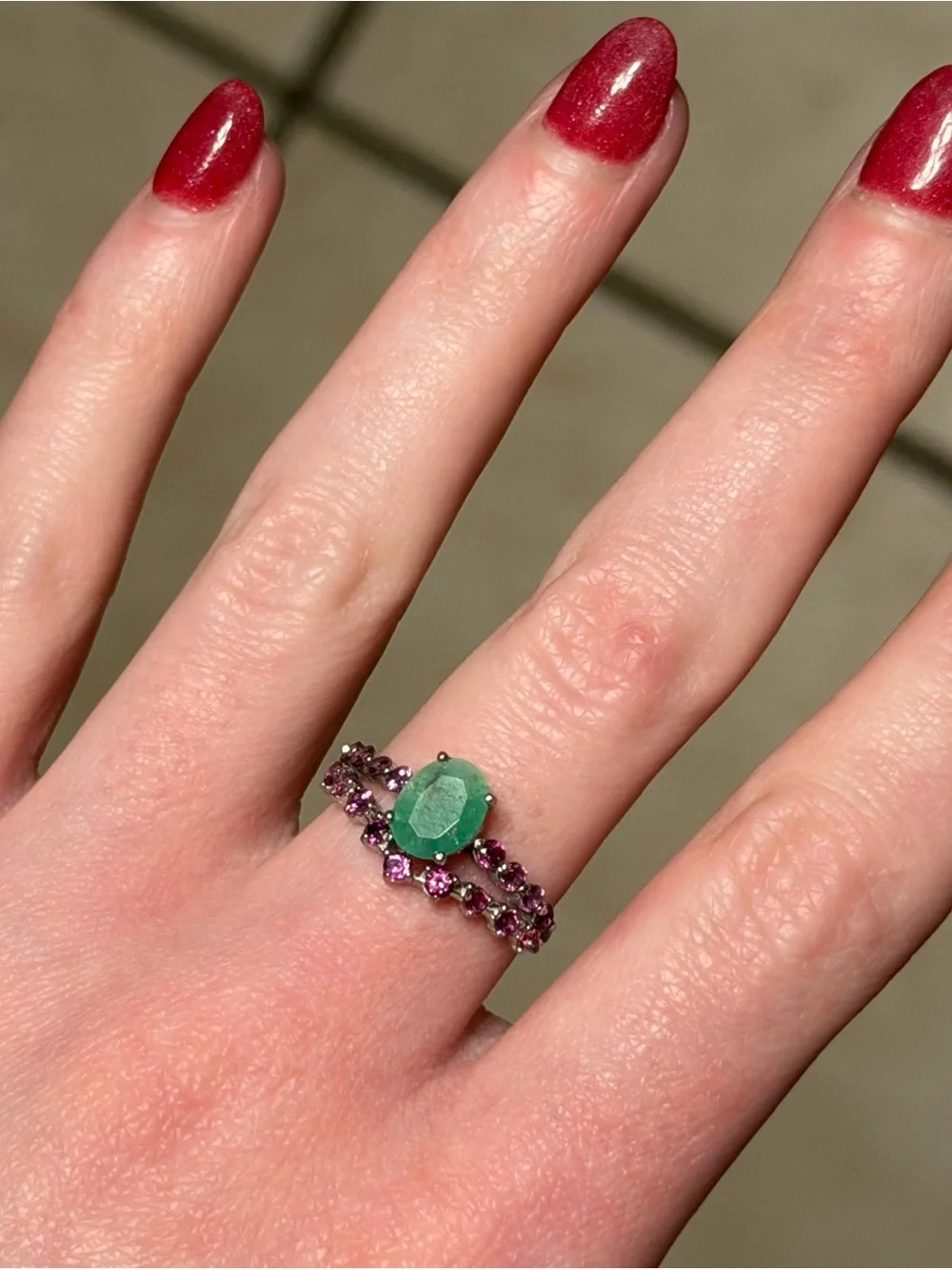 Stunning Natural Emerald 1.30CT & Pink Garnet Chevron 925 Sterling Ring Sz 7
